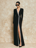 Women's Fashion Long-Sleeved V-Neck Color-Blocked Striped High-Slit Maxi Dress ZMZ1890H6XT