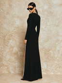 Women's Fashion Long-Sleeved V-Neck Color-Blocked Striped High-Slit Maxi Dress ZMZ1890H6XT