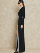 Women's Fashion Long-Sleeved V-Neck Color-Blocked Striped High-Slit Maxi Dress ZMZ1890H6XT