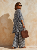 Women's Plaid Twist-Front Top And Wide-Leg Pants Two-Piece Set ZMZ1843H9XT