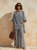 Women's Plaid Twist-Front Top And Wide-Leg Pants Two-Piece Set ZMZ1843H9XT