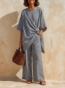 Women's Plaid Twist-Front Top And Wide-Leg Pants Two-Piece Set ZMZ1843H9XT
