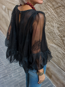 Women's Sheer Lace Puff-Sleeve Ruffle-Hem Shirt ZMZ1898H5XT