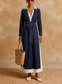 Women's Cotton-Linen Color-Block V-Neck Maxi Dress ZMZ1833H0XT