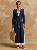 Women's Cotton-Linen Color-Block V-Neck Maxi Dress ZMZ1833H0XT