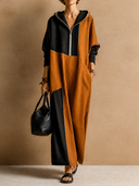 Women's Color Block Hooded Zip-Up Long Sleeve Maxi Dress ZMZ1748H4XT