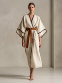 Contrast-Trim Kimono Sleeve Wrap Maxi Dress with Belt