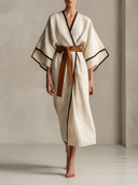 Contrast-Trim Kimono Sleeve Wrap Maxi Dress with Belt