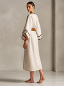 Contrast-Trim Kimono Sleeve Wrap Maxi Dress with Belt