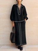 Women's Classic Black Cotton Long-sleeve Top And Skirt Two-piece Set ZMZ1836H5SWL