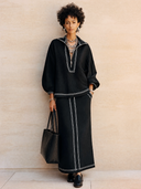 Women's Classic Black Cotton Long-sleeve Top And Skirt Two-piece Set ZMZ1836H5SWL