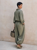 Women's Classic Army Green Cotton-Linen Two-Piece Set (Jacket And Trousers) ZMZ1819H4SWL