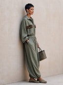 Women's Classic Army Green Cotton-Linen Two-Piece Set (Jacket And Trousers) ZMZ1819H4SWL