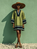 Women's Cotton Linen V-neck Bell Sleeve Color-blocked Mini Dress ZMZ1761H4XT