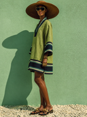Women's Cotton Linen V-neck Bell Sleeve Color-blocked Mini Dress ZMZ1761H4XT