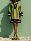 Women's Cotton Linen V-neck Bell Sleeve Color-blocked Mini Dress ZMZ1761H4XT