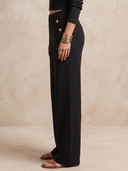 Women High Waist Knit Wide Leg Pants, Gold Decor Button Elastic Waist Casual Trousers With Pockets For Fall ZMZ1703H9YZH
