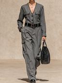 Women's Retro Casual Multi-Pocket V-Neck Button-Up Long-Sleeved Jumpsuit ZMZ1862H7ZJY