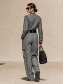 Women's Retro Casual Multi-Pocket V-Neck Button-Up Long-Sleeved Jumpsuit ZMZ1862H7ZJY