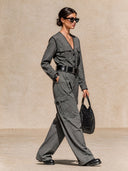 Women's Retro Casual Multi-Pocket V-Neck Button-Up Long-Sleeved Jumpsuit ZMZ1862H7ZJY