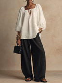 Women Square Neck Tie Front Blouse, 3/4 Lantern Puff Sleeve Textured Loose Bohemian Top ZMZ1738H9YZH