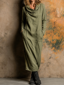 Women's Retro Casual Cotton Turtleneck Long Sleeve Maxi Dress ZMZ1846H8ZJY