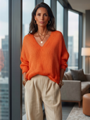 Women Bright Orange V‑Neck Loose Knit Sweater, Long Sleeve Slouchy Hollow Out Fall Pullover Top ZMZ1736H2YZH