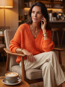 Women Bright Orange V‑Neck Loose Knit Sweater, Long Sleeve Slouchy Hollow Out Fall Pullover Top ZMZ1736H2YZH