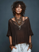 Women's Retro Bohemian Style Hollow-Out Knit Short-Sleeve Frayed Edge Pullover Sweater ZMZ1954H5ZJY