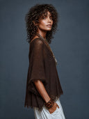 Women's Retro Bohemian Style Hollow-Out Knit Short-Sleeve Frayed Edge Pullover Sweater ZMZ1954H5ZJY