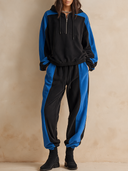 Women's Retro Casual Cotton Color Block Hooded Zipper Sweatshirt Set ZMZ1909H6ZJY