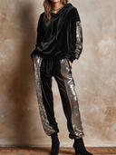 Women's Retro Casual Velvet Patchwork Sequined Hooded Sweatshirt Set ZMZ1936H1ZJY