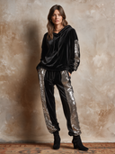 Women's Retro Casual Velvet Patchwork Sequined Hooded Sweatshirt Set ZMZ1936H1ZJY