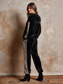 Women's Retro Casual Velvet Patchwork Sequined Hooded Sweatshirt Set ZMZ1936H1ZJY
