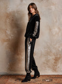 Women's Retro Casual Velvet Patchwork Sequined Hooded Sweatshirt Set ZMZ1936H1ZJY
