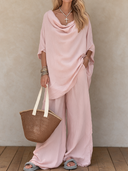 Women's Retro Casual Cotton Linen Batwing Sleeve Solid Color Top And Pants Set ZMZ1973H7ZJY