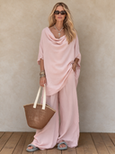 Women's Retro Casual Cotton Linen Batwing Sleeve Solid Color Top And Pants Set ZMZ1973H7ZJY
