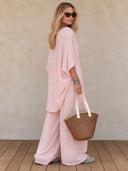 Women's Retro Casual Cotton Linen Batwing Sleeve Solid Color Top And Pants Set ZMZ1973H7ZJY