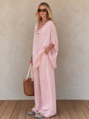 Women's Retro Casual Cotton Linen Batwing Sleeve Solid Color Top And Pants Set ZMZ1973H7ZJY