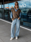 Women's Retro Casual Western Style Leopard Print Knitted Loose V-Neck Pullover Vest ZMZ1986H4ZJY