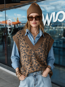 Women's Retro Casual Western Style Leopard Print Knitted Loose V-Neck Pullover Vest ZMZ1986H4ZJY