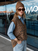 Women's Retro Casual Western Style Leopard Print Knitted Loose V-Neck Pullover Vest ZMZ1986H4ZJY
