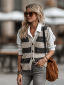 Women's Retro Casual Simple Street Style Striped Knit Button Vest ZMZ1982H0ZJY