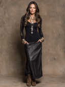 Women's Retro Casual Lace Patchwork Top And PU Skirt Two-Piece Set ZMZ1925H8ZJY