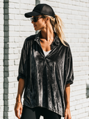 Women's Retro Urban Quiet Luxury Velvet Polo Collar Three-Quarter Sleeve T-Shirt ZMZ1969H6ZJY
