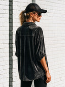 Women's Retro Urban Quiet Luxury Velvet Polo Collar Three-Quarter Sleeve T-Shirt ZMZ1969H6ZJY
