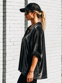 Women's Retro Urban Quiet Luxury Velvet Polo Collar Three-Quarter Sleeve T-Shirt ZMZ1969H6ZJY