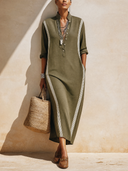 Women's Stylish Army Green Cotton Long-Sleeve Midi Dress ZMZ1910H2SWL