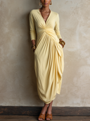 Women V‑Neck Twist Front Draped Midi Maxi Dress, Long Sleeve Asymmetrical Ruched Casual Vacation Dress With Pockets ZMZ1786H4YZH