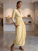Women V‑Neck Twist Front Draped Midi Maxi Dress, Long Sleeve Asymmetrical Ruched Casual Vacation Dress With Pockets ZMZ1786H4YZH